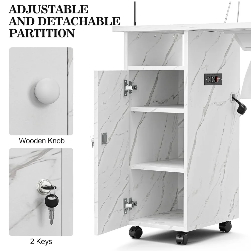 Marbling Texture Nail Tech Table Nail Table Station w/Dust Collector, Power Outlets, Non-Woven Drawers & Wrist Cushion(White)