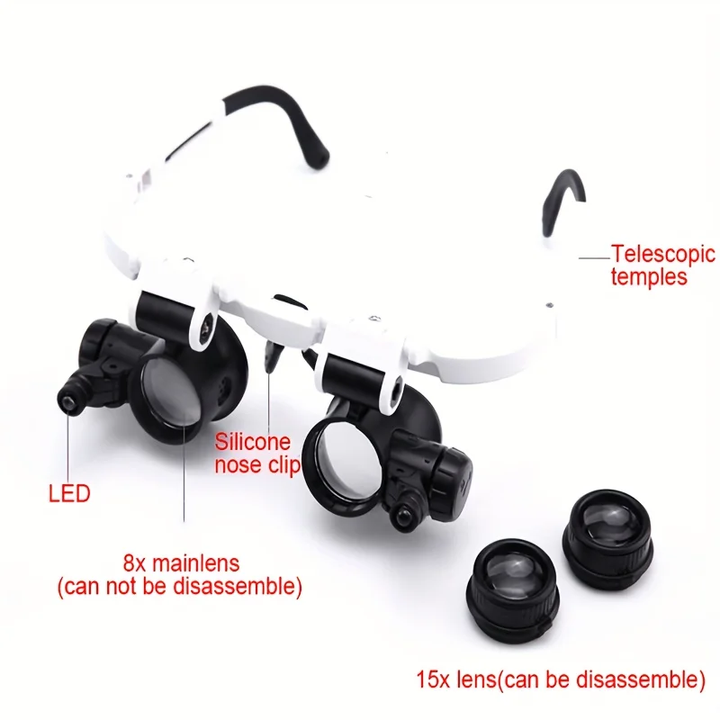 2LED headmounted lighting microlens with maintenance LED lamp magnifying glass, magnification 8x, 15x, 23x