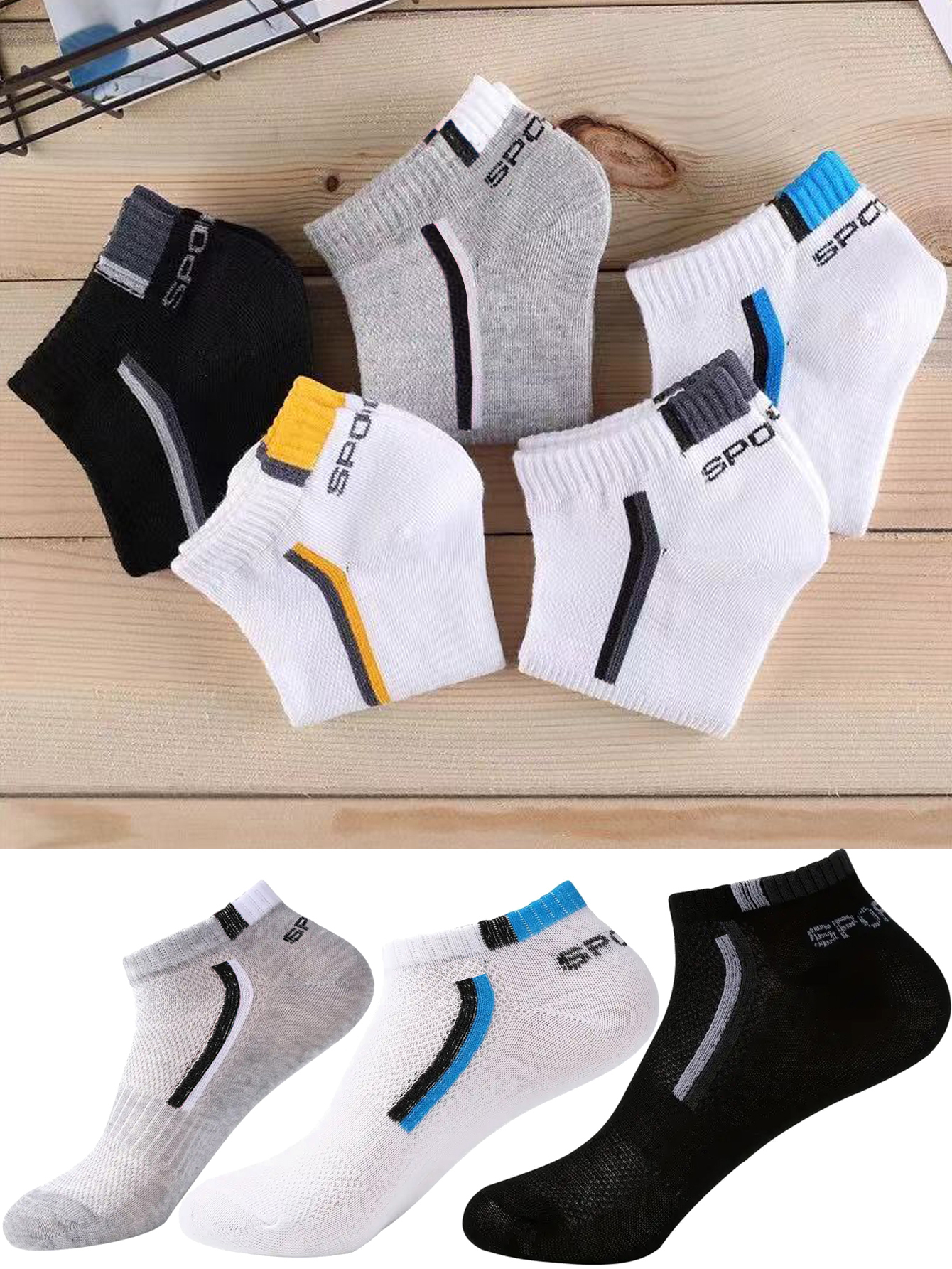 Calcetines náuticos antideslizantes para hombre, 5 pares de calcetines tobilleros con estampado de bloques para negocios y deportes, transpirables, resistentes al sudor, antiolor, cómodos