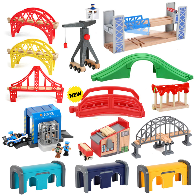 Todo tipo de vías de tren de madera, accesorios, vías de ferrocarril de madera de haya, túnel de puente de madera apto para pistas de madera, juguetes para niños