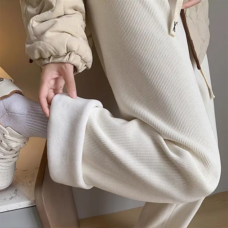 ฤดูใบไม้ร่วงฤดูหนาวใหม่หลวมทั้งหมดตรงกับกางเกง Corduroy Elastic เอวขนแกะสบายๆตรงกางเกงแฟชั่นผู้หญิงวินเทจเสื้อผ้า