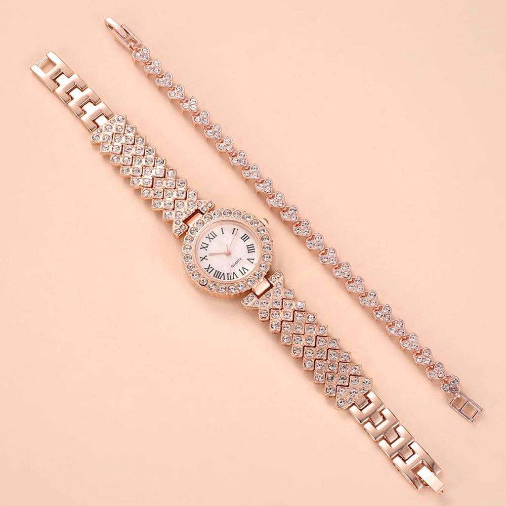 ผู้หญิงหรูหราเงาสร้อยข้อมือนาฬิกา 2 ชิ้นชุด Rose Gold นาฬิกาแฟชั่นผู้หญิง Elegant ควอตซ์เพชรนาฬิกาข้อมือหญิง Reloj Mujer