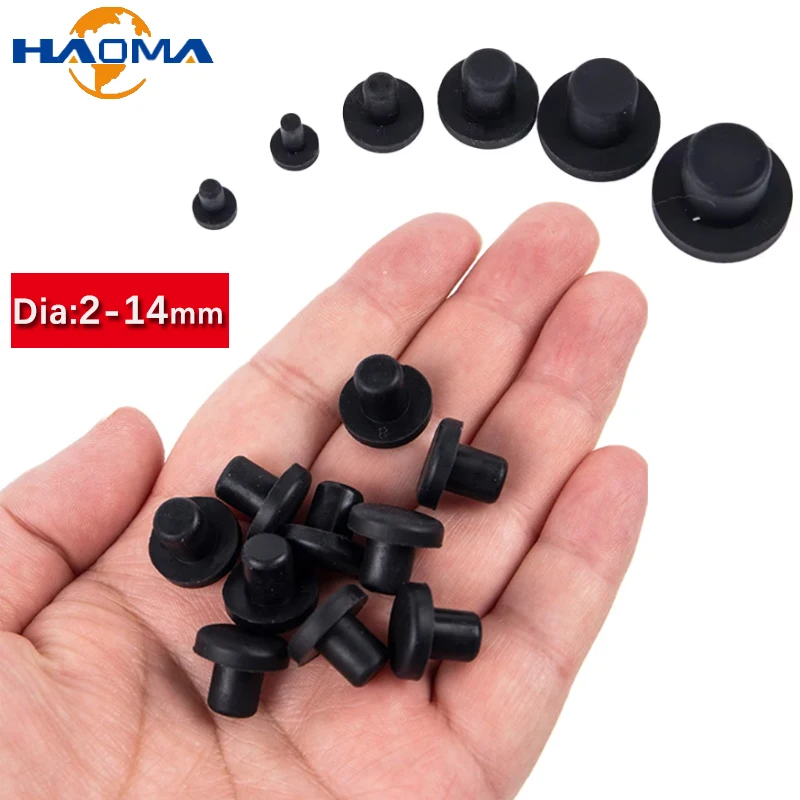 2mm-14mm Black Silicone Hole Stopper Solid Rubber Hole Caps Round Seal Plugs T Type High Temperature Dustproof Plugs