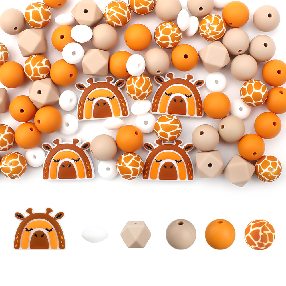 Juego de 20 piezas de cuentas focales de silicona con estampado de jirafa y elefantes, cuentas redondas de dentición de 15MM, mordedor para bebé, accesorios de cadena de chupete DIY