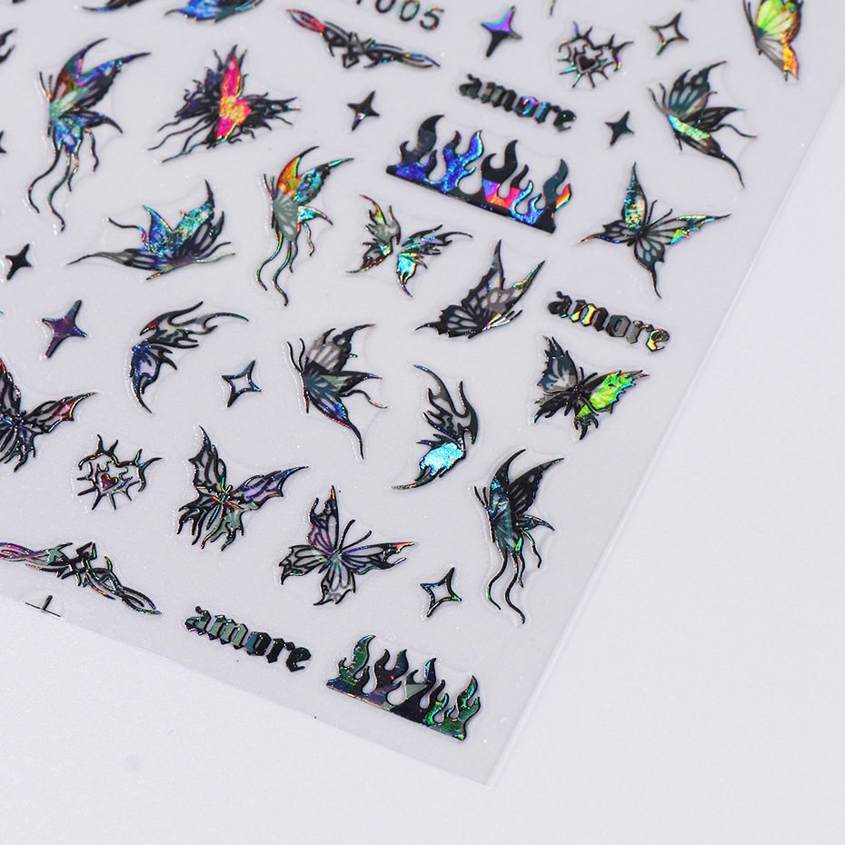 1 Uds. Pegatinas de uñas láser de mariposa blanca y negra Y2K decoración de uñas líneas abstractas pegatinas de flores bronceadas para uñas