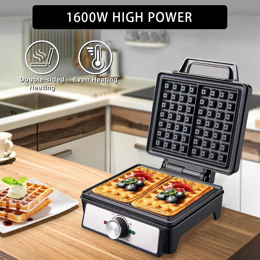 Máquina para hacer gofres, 2 rebanadas, temperatura ajustable, desayuno eléctrico, máquina para hacer gofres belgas, platos de hierro antiadherentes para pastel de huevo, 1600W