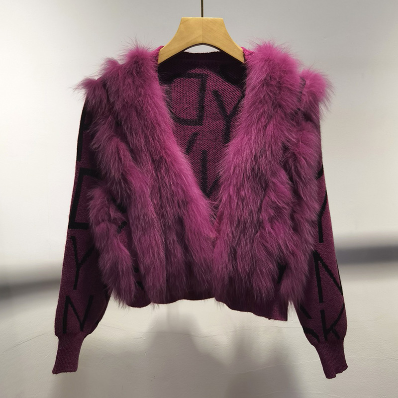 Cardigan de malha curto feminino com pele de raposa real outono manga longa feminino pele genuína listrado cardigans camisola