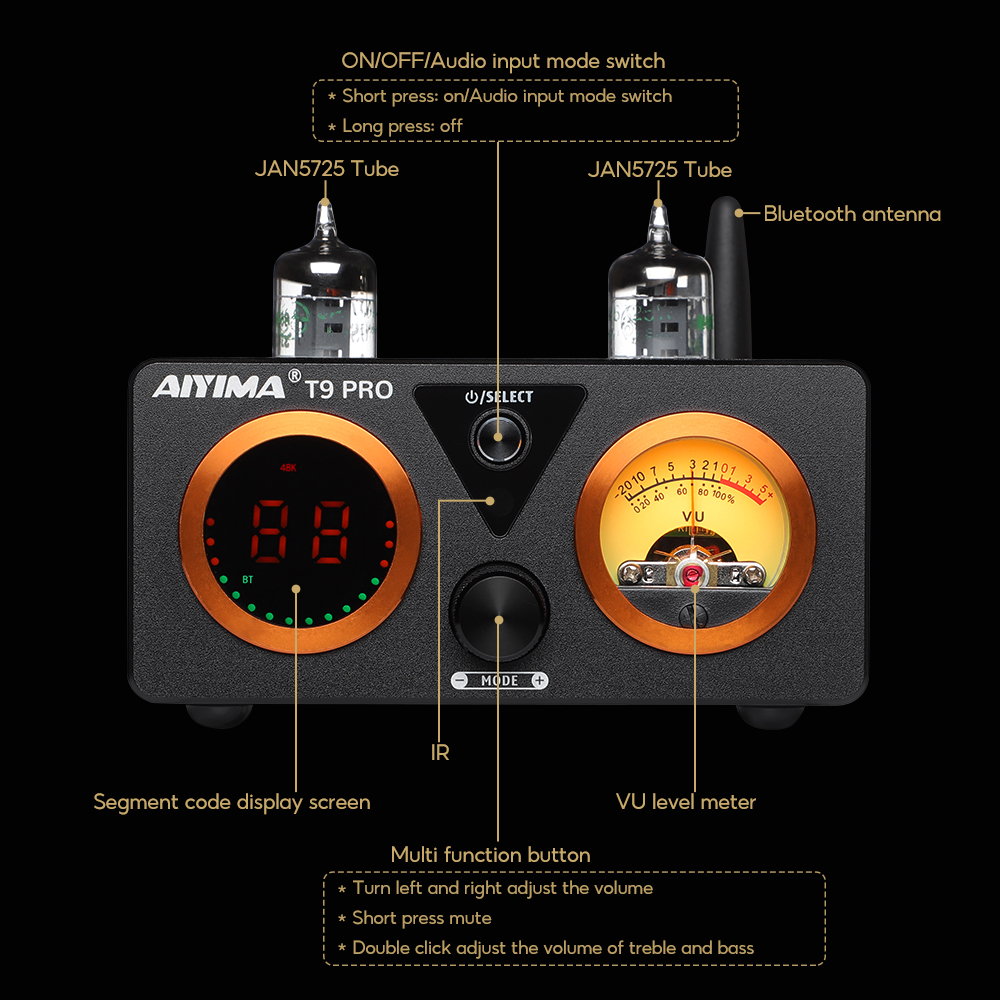 AIYIMA T9 PRO APTX HD Bluetooth усилитель аудио 100Wx2 HiFi стерео усилитель мощности USB ЦАП COAX OPT VU метр ламповый усилитель
