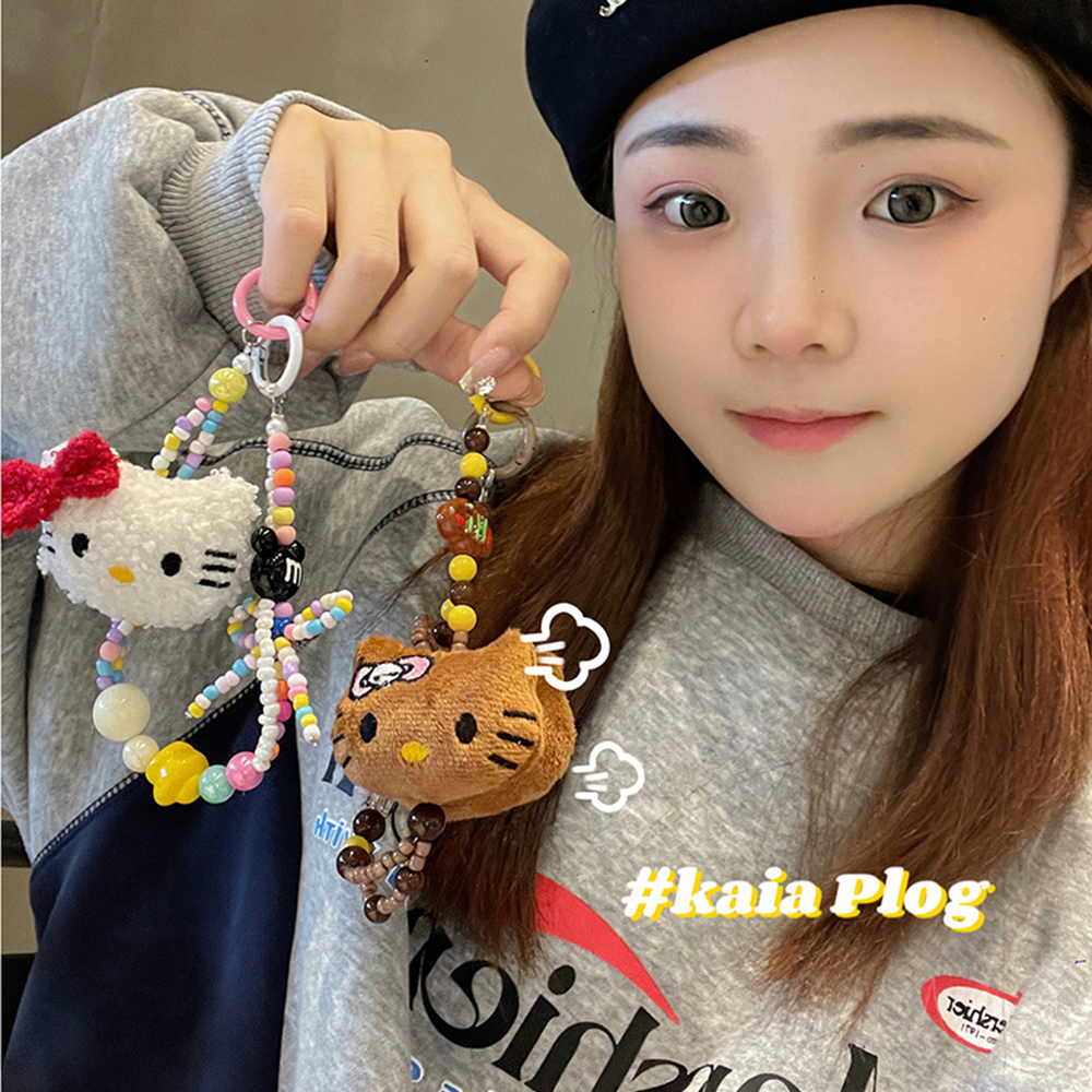 Sanrio Hello Kitty bunter Perlen-Schlüsselanhänger, Kawaii-Cartoon, Plüsch, Handyband, Handschlaufe, Rucksack, Dekoration, Geschenke