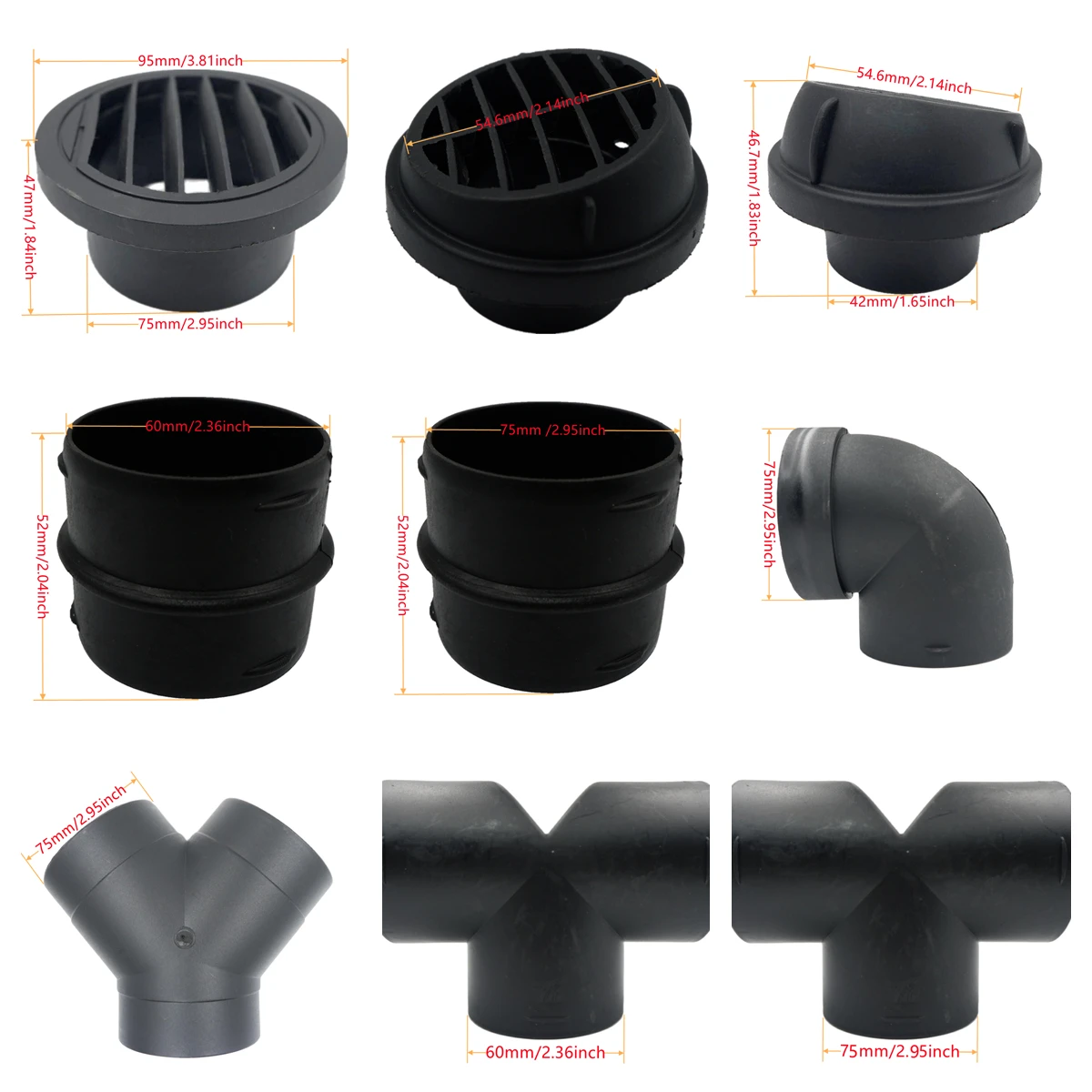 Conducto de ventilación de aire de 42mm, 60mm, 75mm, Y T L, pieza plana, codo, salida de tubo, conector de unión de escape, calentador diésel para coche, caravana y Camper