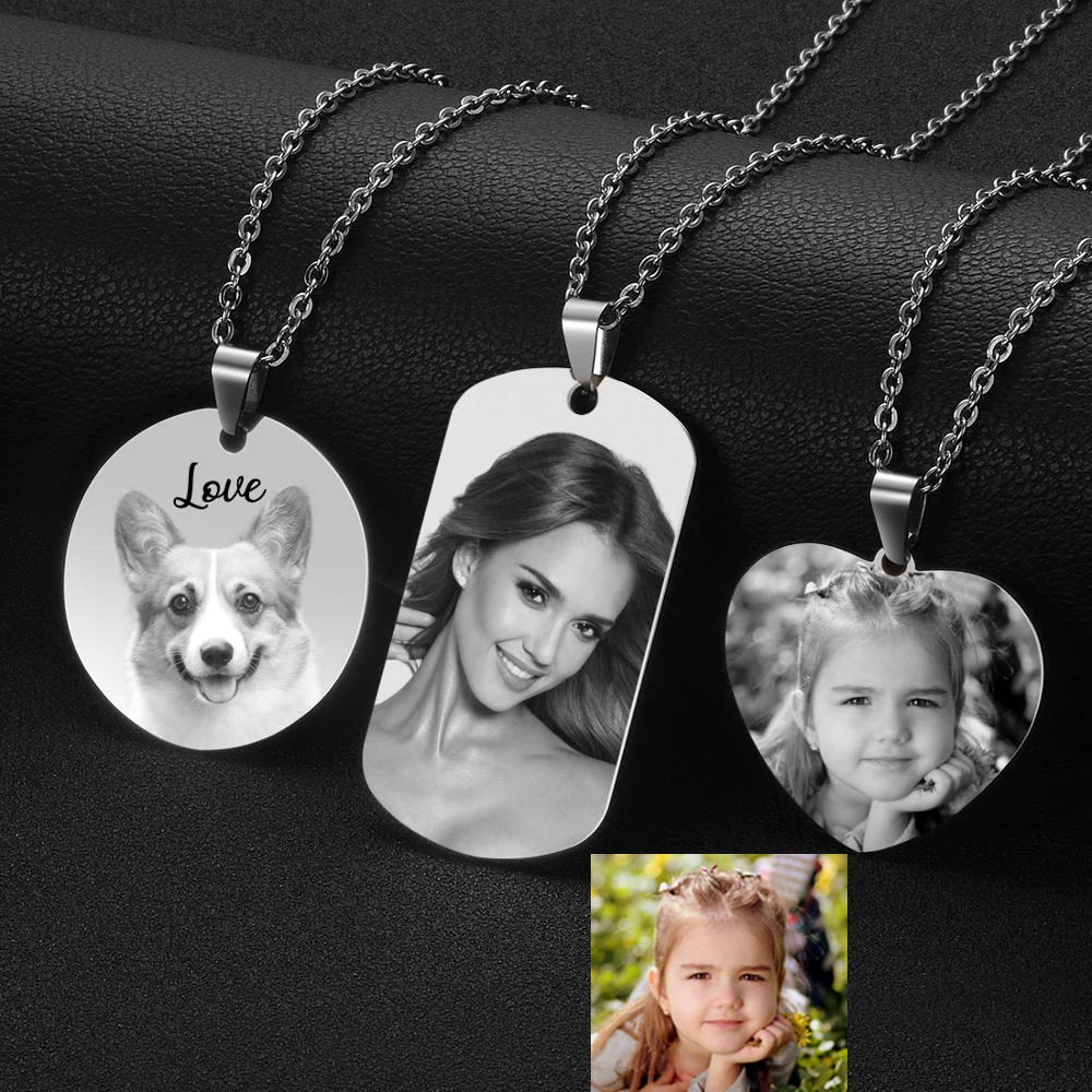 CUSTOM Photo สร้อยคอหัวใจผู้หญิงจี้สแตนเลสส่วนบุคคลแกะสลักรูปภาพชื่อคนรักคริสต์มาสของขวัญ