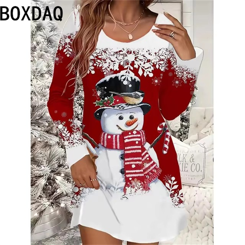Damen Weihnachten Party Kleid Neue 3D Rot Weihnachten Schneemann Gedruckt Kleid Lange Hülse O-ansatz Casual Lose Mini Kleid Vestidos
