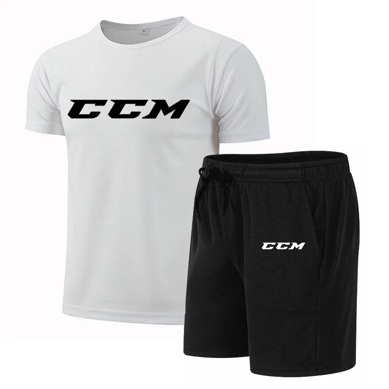 ฤดูร้อนผู้ชายฟิตเนสแฟชั่นผู้ชายสบายๆชุดกีฬาแห้งเร็วชุดกีฬา CCM แขนสั้นเสื้อยืด + กางเกงขาสั้น 2 ชิ้นชุด