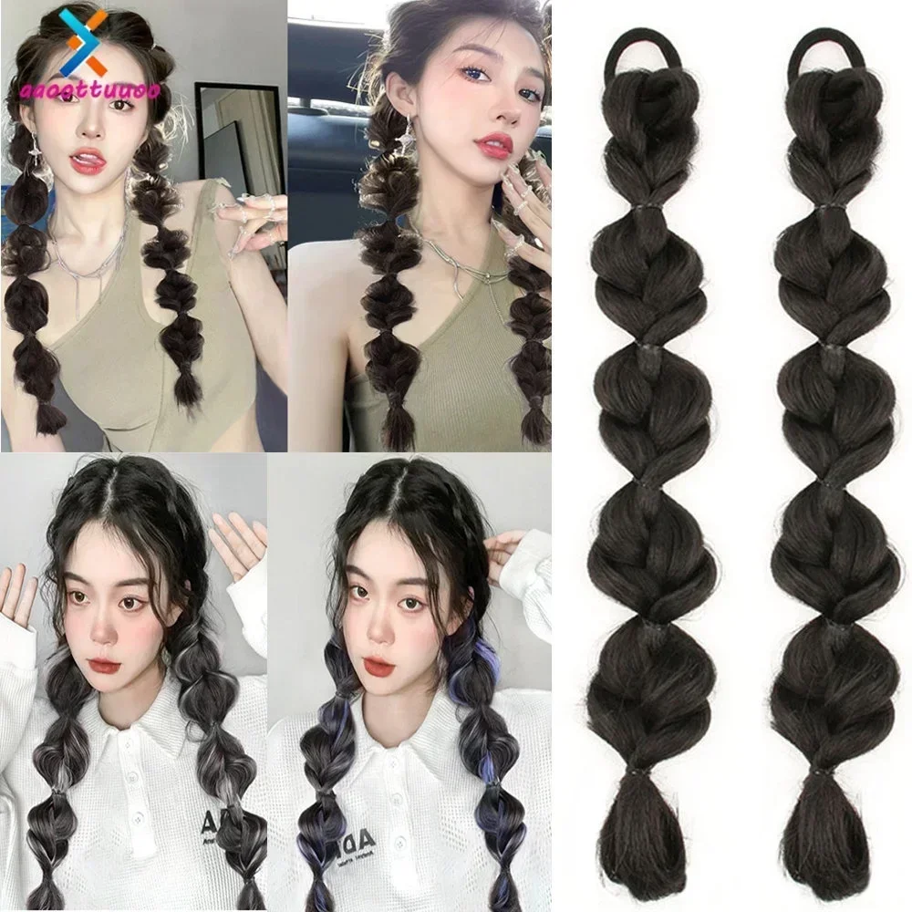Peruca sintética 1pc colorido brincalhão fofo bolha rabo de cavalo falso peruca trançada sem costura cosplay acessórios para o cabelo