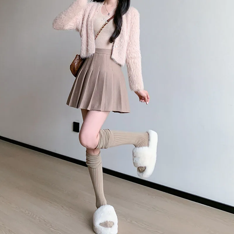 ฤดูใบไม้ร่วงฤดูหนาวกระโปรงจีบผู้หญิงใหม่เกาหลีสูงเอวSlimmingกระโปรงมินิกระโปรงสุภาพสตรีPreppyสไตล์ซิปด้านข้างA-Lineกระโปรง