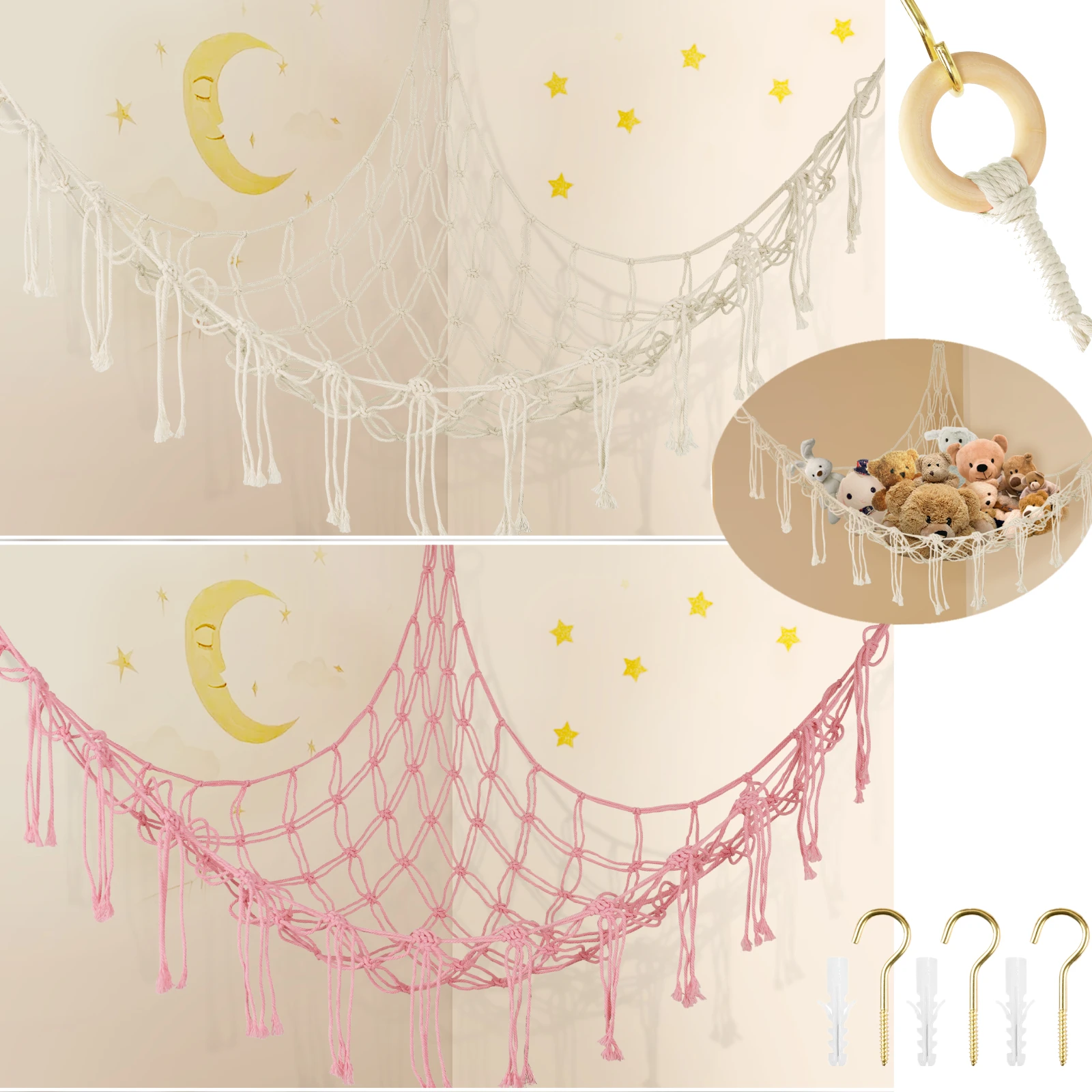Brinquedo de pelúcia rede grande capacidade animais de pelúcia organizador net macrame borlas boho casa decoração da parede pendurado cesta