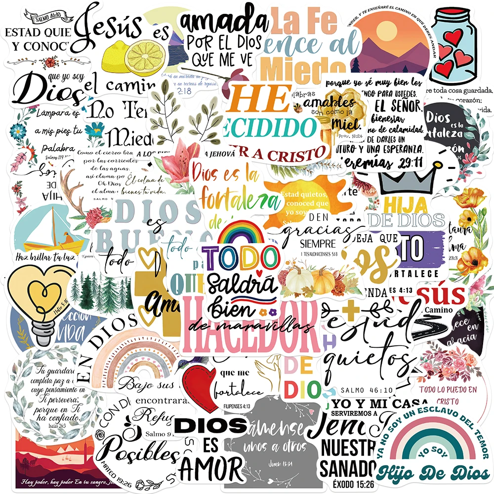 50 Uds. De pegatinas bonitas de PVC de la Biblia española, decoración estética para álbum de recortes, papelería coreana, suministros escolares para niños, pegatinas