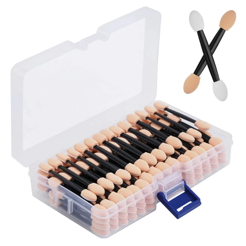 Cuttte 50/100 Uds. Aplicadores de esponja de sombra de ojos desechables de doble cara con contenedor, cepillos de sombra de ojos de longitud aplicador de maquillaje