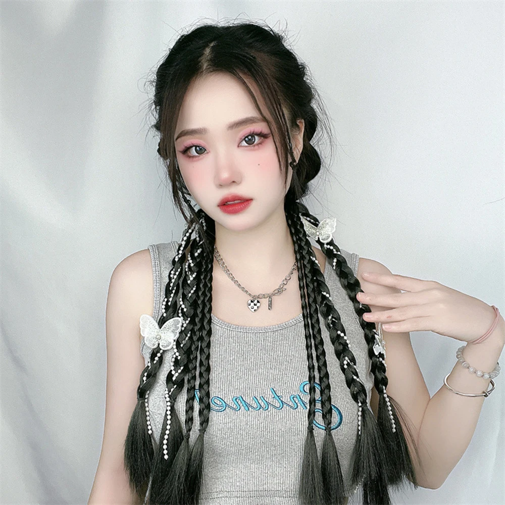 4 Braids Synthetic Bubble Braid With Crystal Butterfly Ponytail Wig Braid Sweet Cool Cute Twists Braid Increases Hair Volume