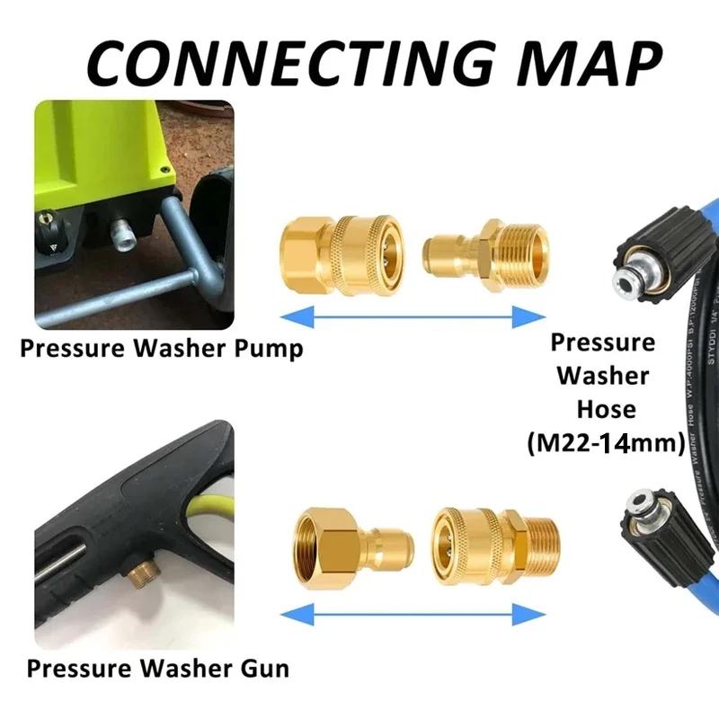 ทองเหลือง M22-14mm/15 มม.ถึง 1/4 นิ้วเครื่องซักผ้าความดันอะแดปเตอร์ชุด Quick Connection & Disconnect สําหรับเครื่องซักผ้าท่อปั๊ม 5000 PSI