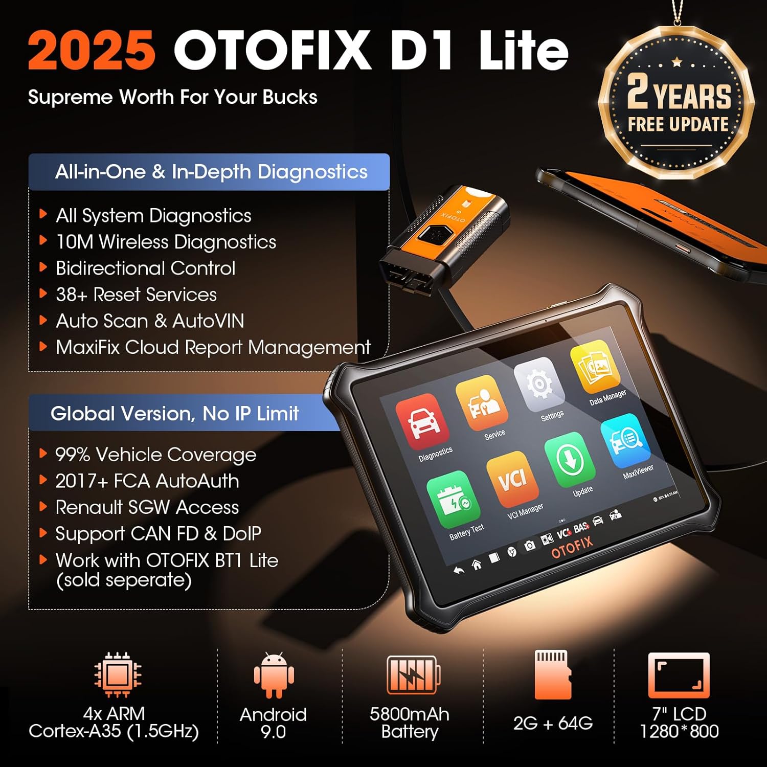 OTOFIX D1 Lite Automotive OBD2 Scanner 2 anos de atualização Controle bidirecional Todo o sistema Ferramenta de digitalização de diagnóstico FCA SGW CAN FD e DoIP