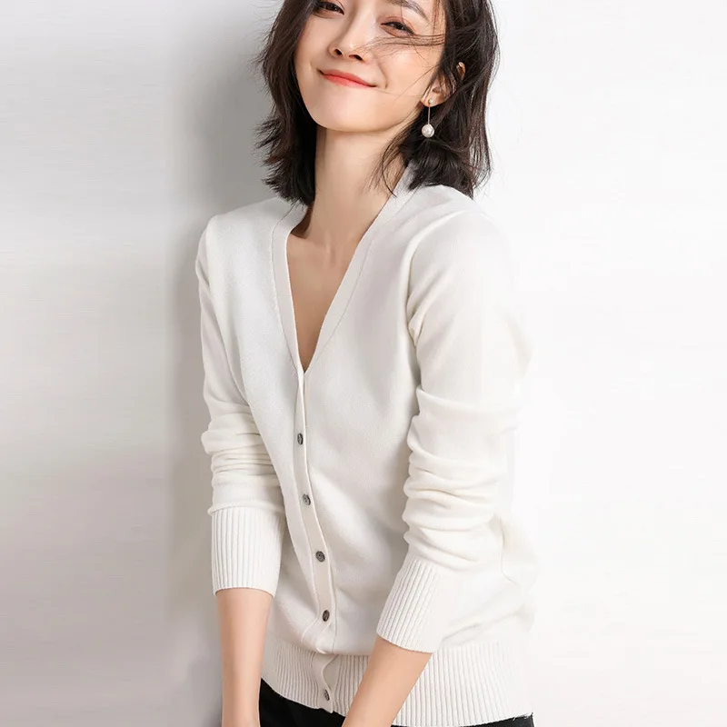 2025 cardigans femininos manga longa malha outerwear sólido fino primavera outono suéteres com decote em v malhas moda coreana cardigans
