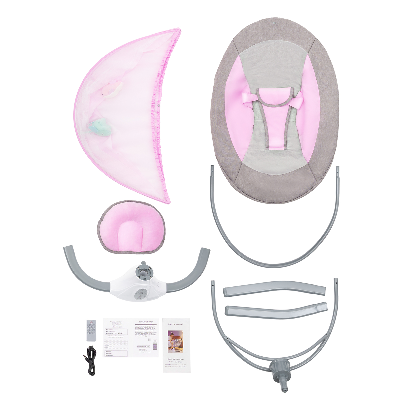 Balançoire électrique pour bébé, chaise à bascule pliante avec télécommande, avec moustiquaire et poupées, berceau pour bébé de 0 à 18 mois