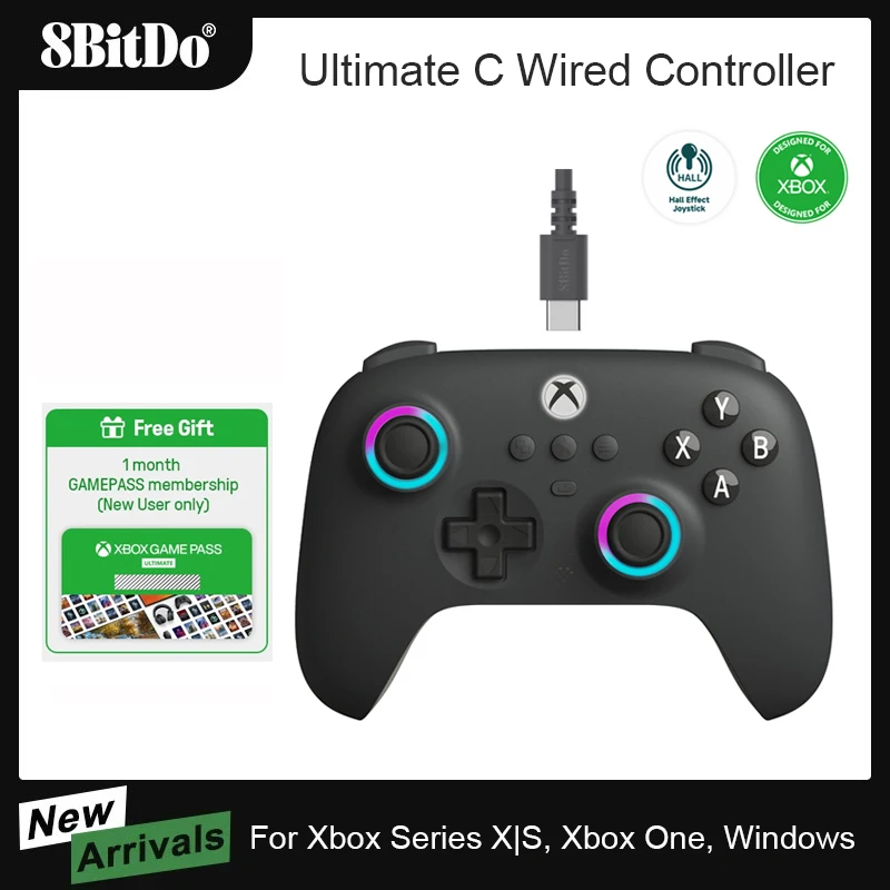 Проводной игровой контроллер 8BitDo Ultimate C для Xbox Series X/S Xbox One с RGB-подсветкой и эффектом Холла Джойстики для Windows 10/11