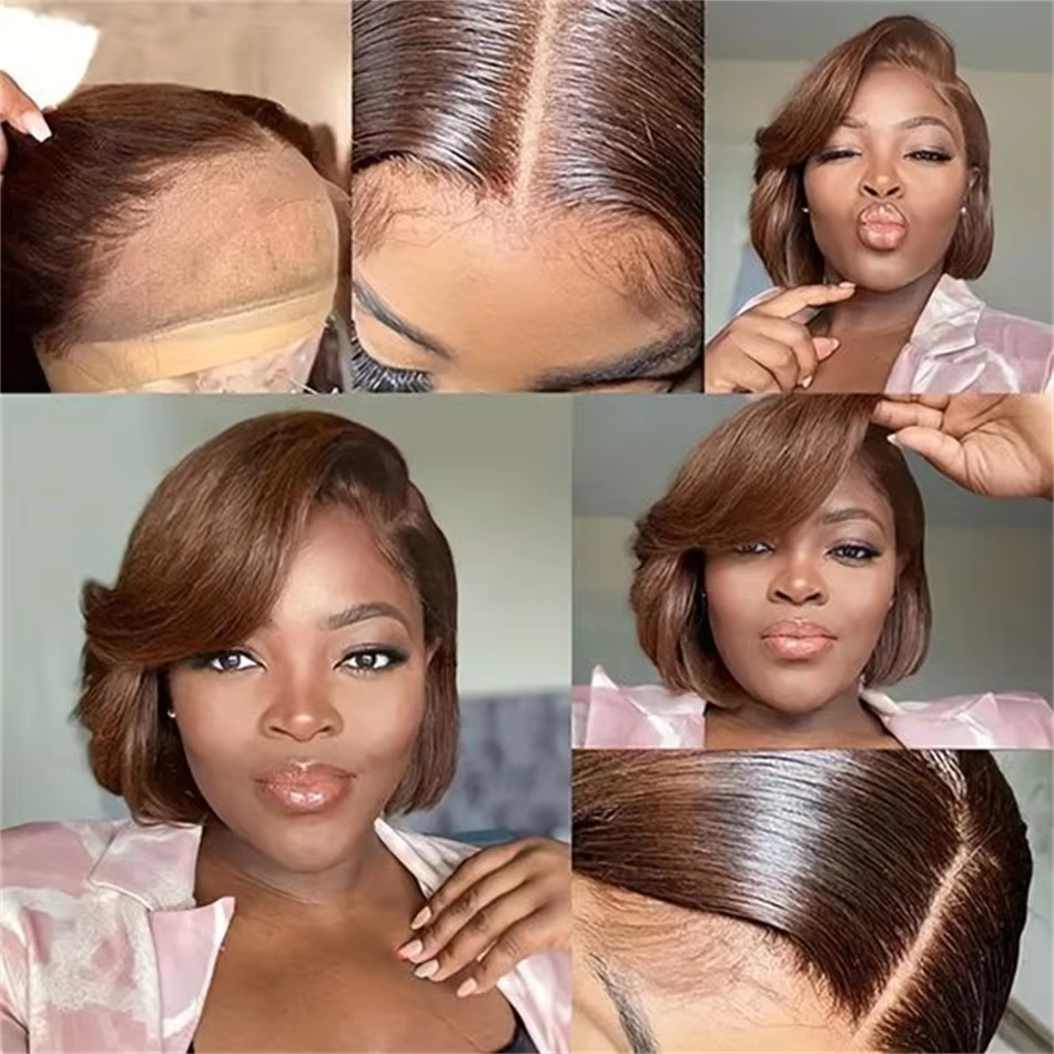 200 Dichtheid chocoladebruin Korte Bob Menselijk Haar Pruiken C Deel 13x4 Kant Frontale Pruik Pixie Cut Cut Braziliaanse remy Haar Voor Vrouwen