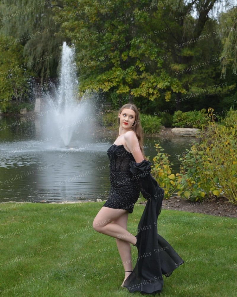 Serendipidty-女性のためのストラップレスミニパーティードレス,黒のスパンコール,ビーズのスパンコール,黒のボディコン,女性の服,これまでになく美しいカクテルドレス