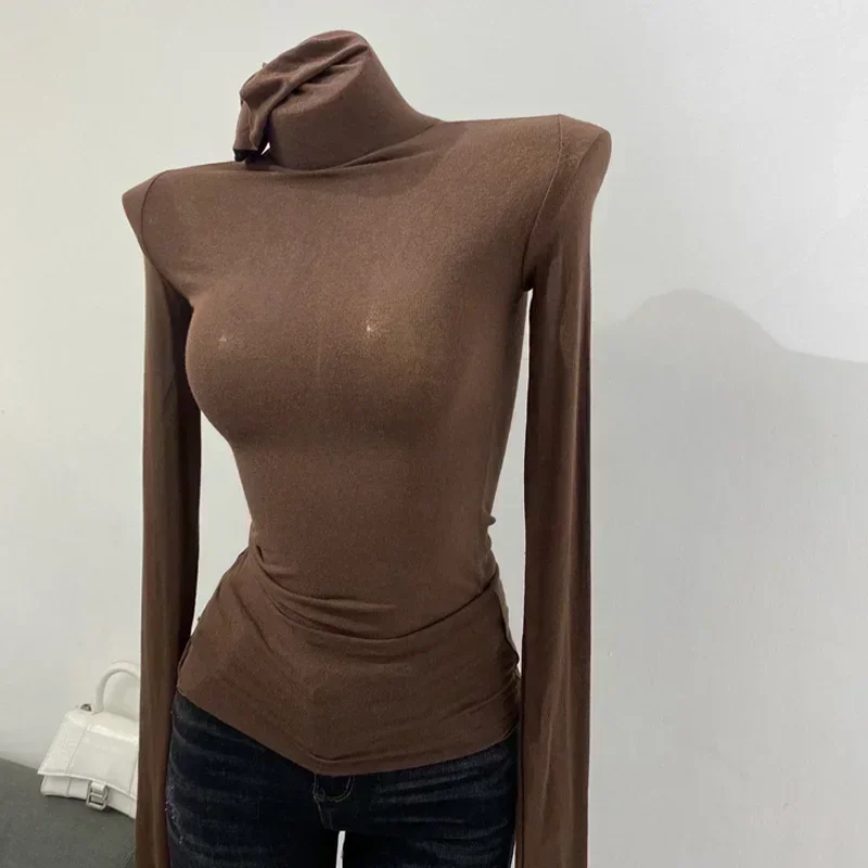 คอเต่า Slim คุณภาพสูงธรรมดา T เสื้อผู้หญิงผ้าฝ้าย Basic หญิงเสื้อแขนยาวเซ็กซี่บางเสื้อยืดดูผ่าน 2024