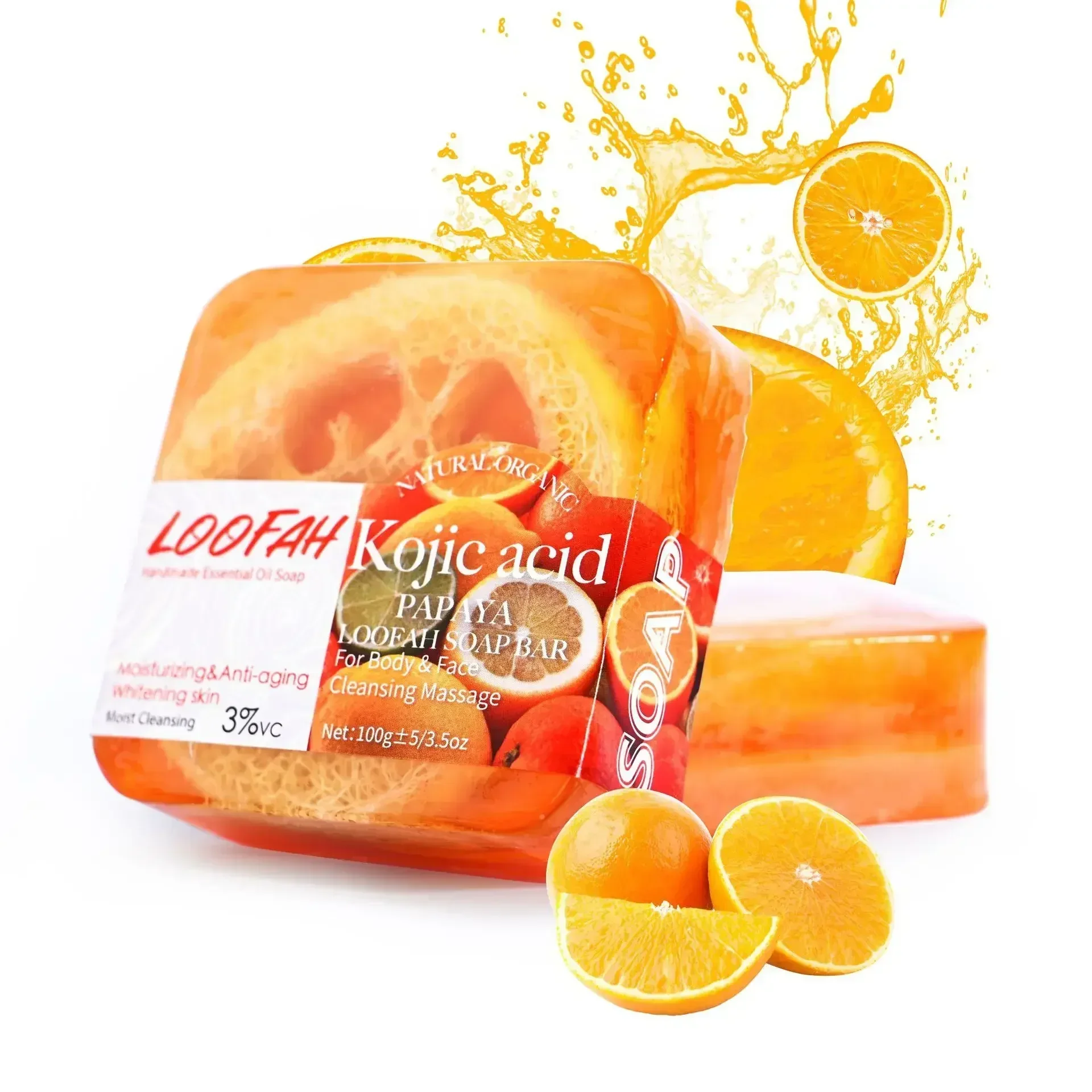 Handgemachte Kojisäure-Seife mit Luffa, 100 g, Zitrone, Lavendel, Rose, Kurkuma, ätherisches Öl, Badebar, neues Design, Peeling-Reinigung