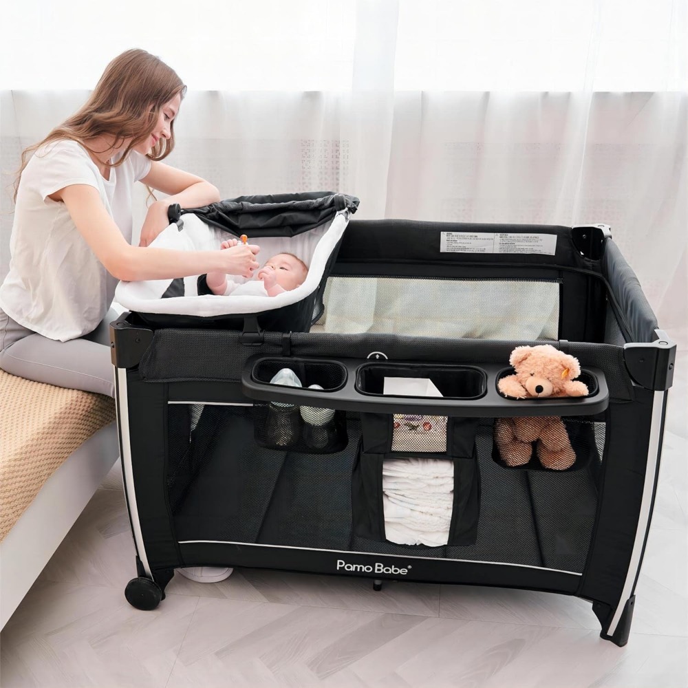 4 in 1 Portable Baby Crib Deluxe Nursery Center, Foldable Travel Playard with Bassinet, Mattress, Changing Table for Newborn,