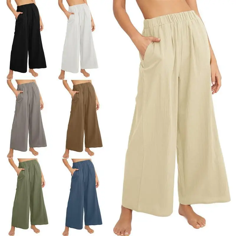 Feminino cor sólida confortável casual cem estilo preguiçoso calças de perna larga com bolsos cintura alta solta sete calças
