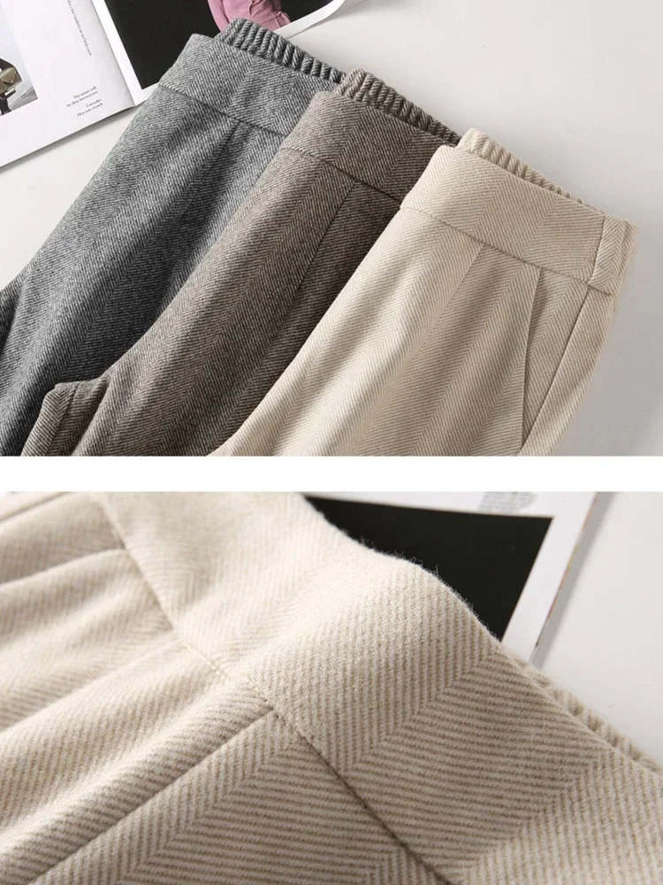 เอวสูงกางเกงผู้หญิงฤดูใบไม้ร่วงฤดูหนาวใหม่เอวยางยืด Apricot Casual กางเกงผู้หญิง Herringbone หนา Harem กางเกง