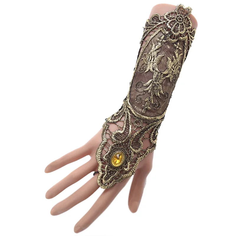 Brazalete de encaje gótico Steampunk, guante sin dedos, pulsera más cálida, guantes de oro negro