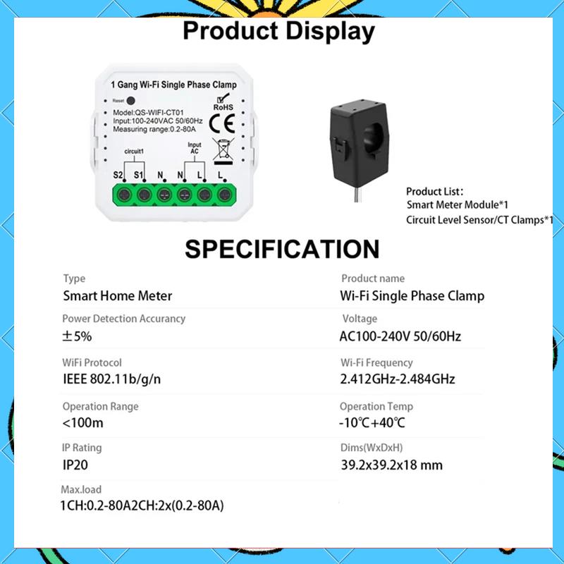 Smart Life WIFI Energy Meter Current Sensor Statistician For Electrical Lighting Solar KWH Monitor 100-240V-[A51I]