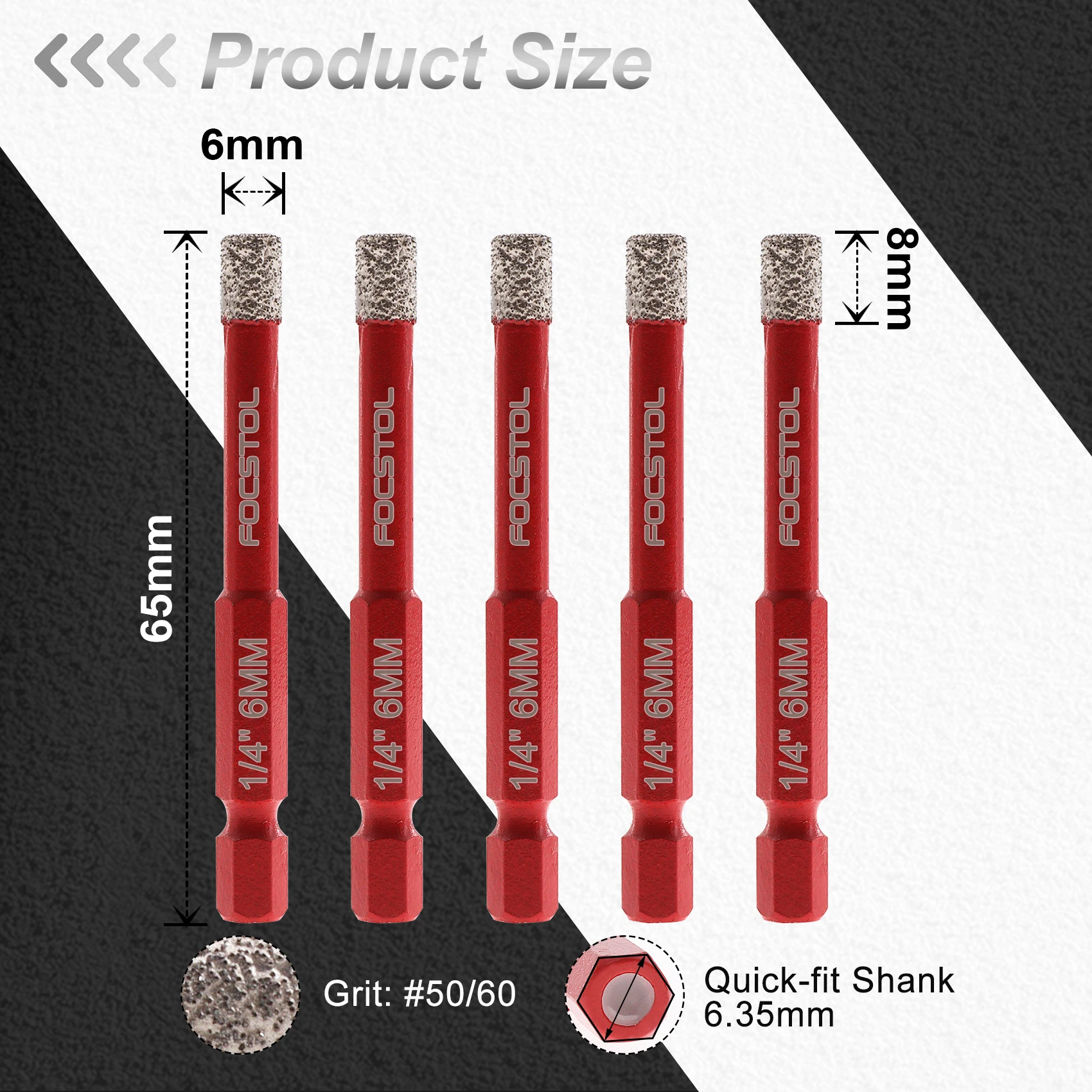 FOCSTOL Diamond Tile Drill Bit 5pcs Set Core Bits Quick Change Hex Shank 6 mm Carbide Drill Bit for Ceramic Porcelain Tile