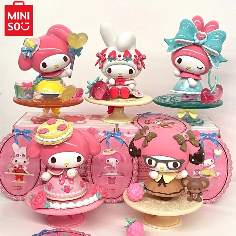 Miniso Sanrio Melody-caja ciega de la serie de té de la tarde, muñeco bonito para sentarse, adorno de escritorio, modelo de juguetes de dibujos animados, regalo de decoración