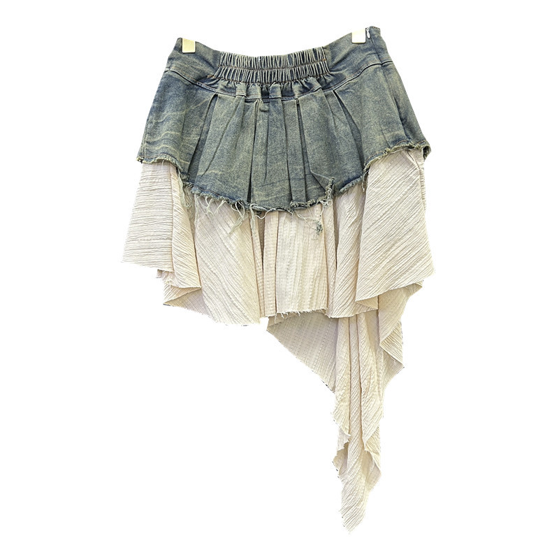 Falda plisada vaquera empalmada Retro para mujer, novedad de verano, temperamento, falda acampanada de cintura alta a la moda para chica caliente