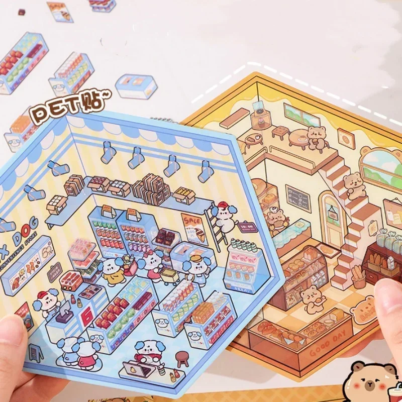 1 Set Cute Sweet Cartoon Landscaping Stickers Capybara Rabbit Bear Scene Sticker Student DIY Decor Visual 3D Scrapbook Sticker