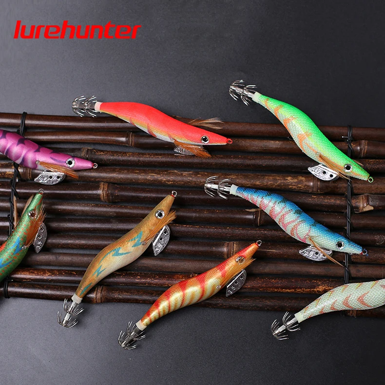 10PCS with Shrimp Bag 3D Printing 2.5 3.0 3.5  Hook Luminous Squid Jig Fishing Wood Shrimp Lure Squid Cuttlefish Jigs Lures