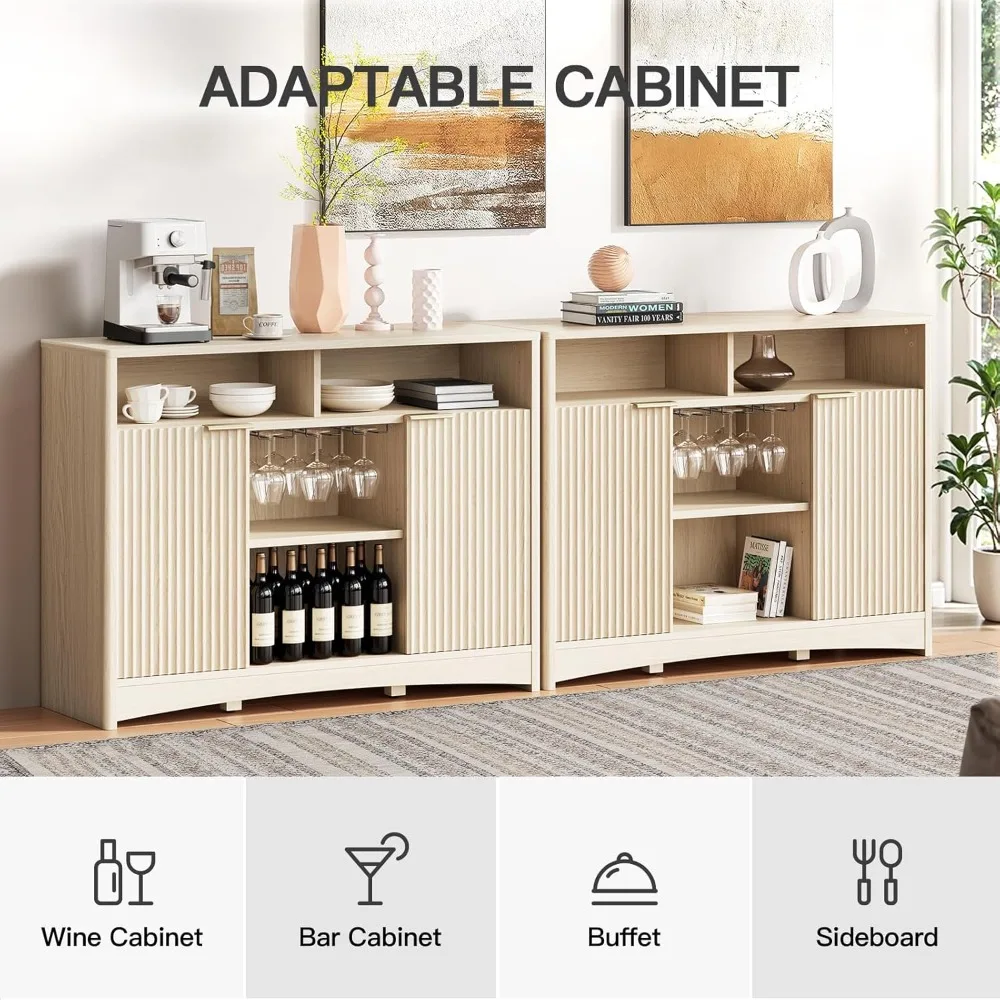 Amada 47.2" Modern Coffee Bar Cabinet with Storage, Fluted Wood Buffet Sideboard with Wine and Glass Rack, Liquor Cabinet with