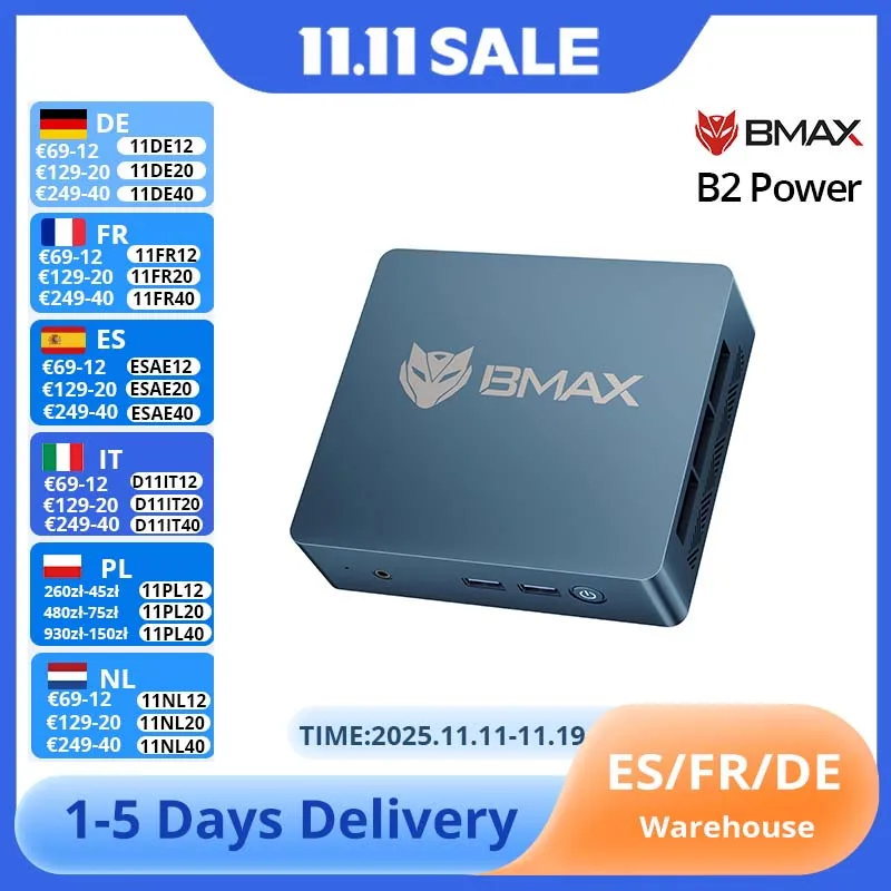 BMAX B2 Power Intel 5205U 8GB+256GB SSD Windows 11 Pro 2.4GHz 5GHz Dual Band Wi-Fi Bluetooth 5.0 USB × 4 HDMI × 1