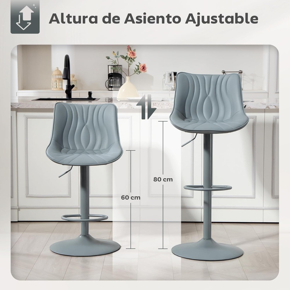 2 Taburetes de bar Taburetes de cocina giratorios con altura ajustable Respaldo de 92 - 110 cm Asiento de piel sintética Estructura de acero