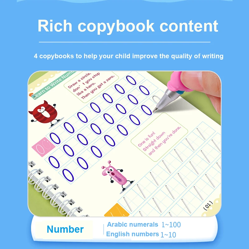 Set di quaderni con inchiostro magico da 4 pezzi per bambini, quaderni di esercizi riutilizzabili per la scrittura a mano per la progettazione di modelli di scanalature e ausilio per la scrittura a mano
