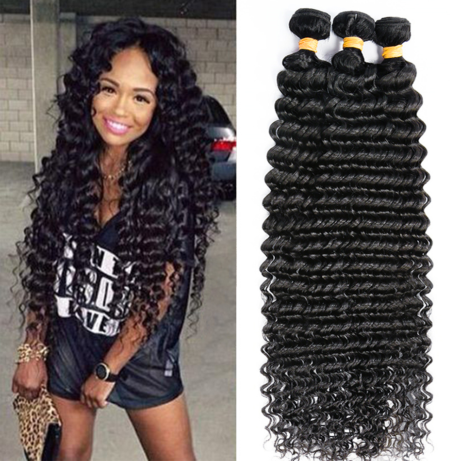 Pacotes indianos do cabelo humano da onda profunda, não transformados, cru, Virgin, encaracolado, extensões, cor natural, venda por atacado, 30"