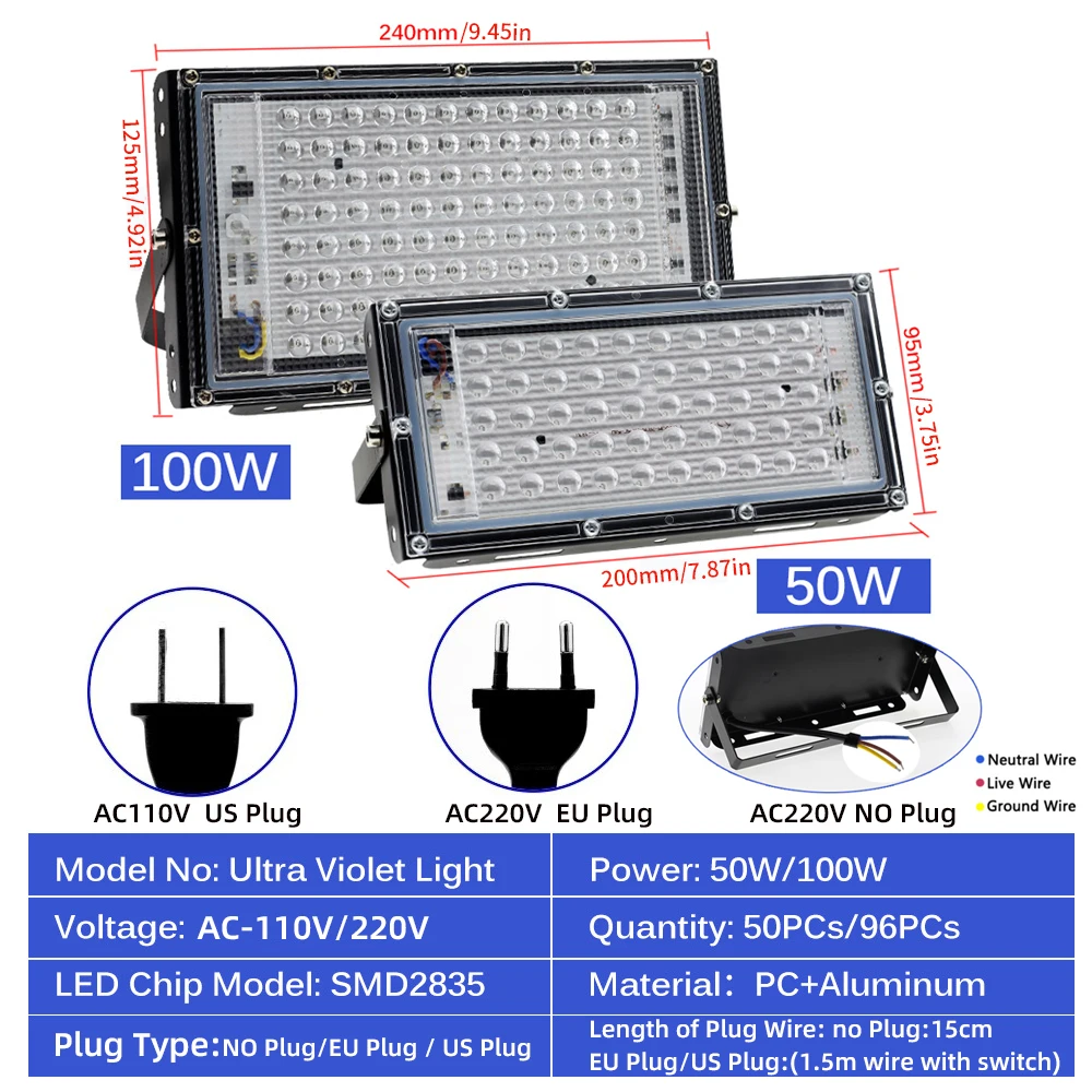 ไฟฟลัดไลท์ LED UV 220V หลอดไฟเวทีอัลตราไวโอเลต50W 100W LED แบล็คไลท์กันน้ำสำหรับเวทีปาร์ตี้ไฟแบ็คไลท์