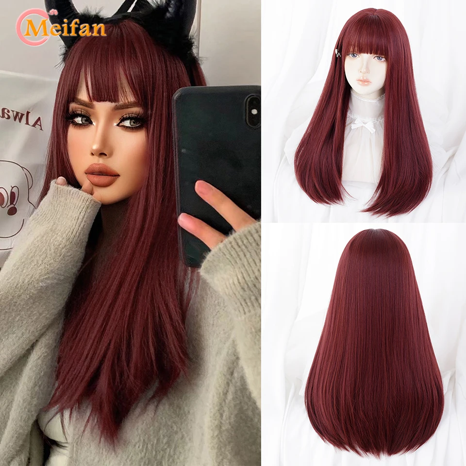 MEIFAN 合成ロングストレートロリータウィッグ前髪ウィッグ女の子かわいいオンブルピンクブロンド黒コスプレパーティーハロウィン原宿ウィッグ