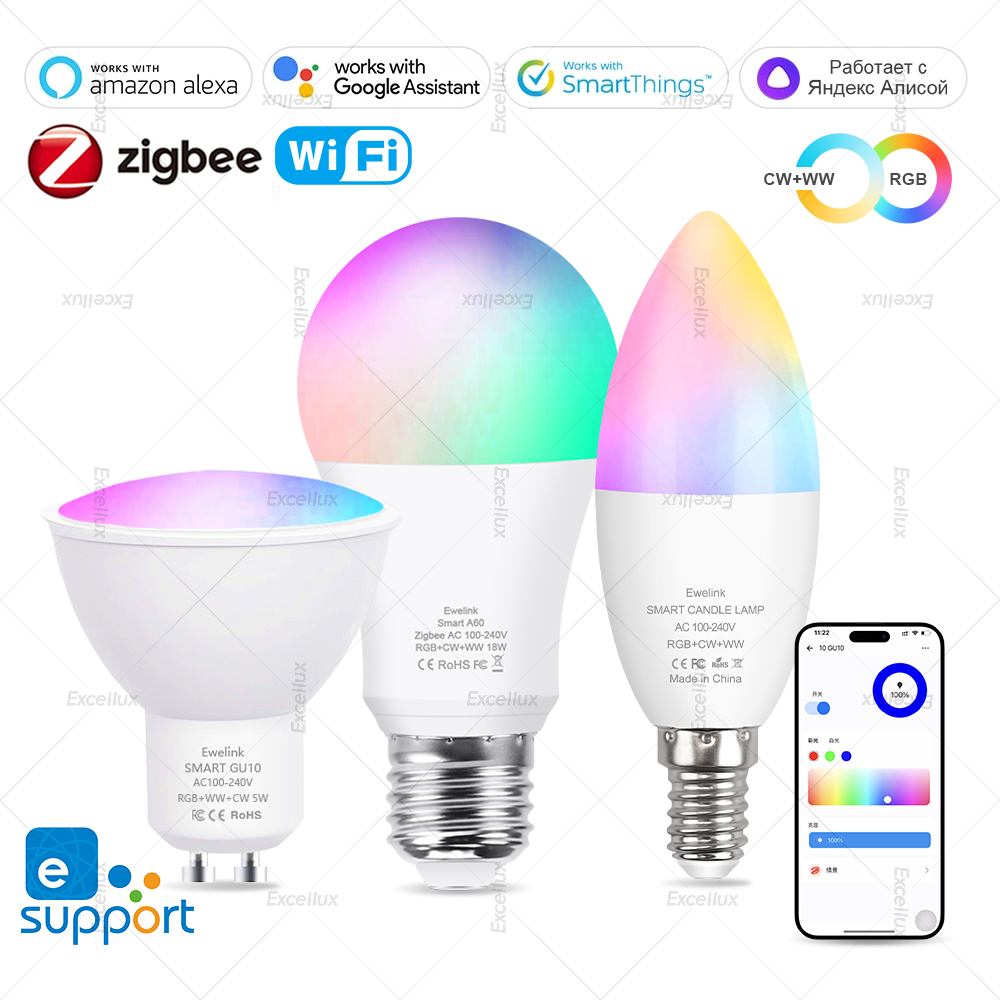EWelink E27 E14 GU10 Bulb WiFi Zigbee, Dimmable Light LED lamps 3000-6500k RGB,LED Bulbs,Candle Lamp Spot Light Voice With Alexa